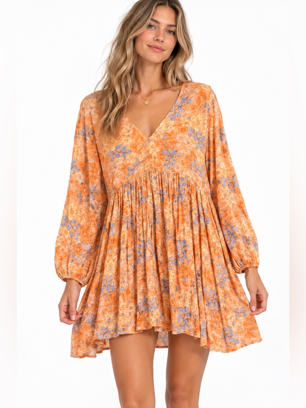 Billabong Orange Blue Floral Babydoll Mini Dress Size Large